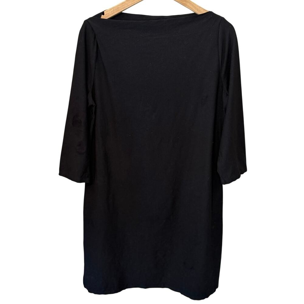 Eileen Fisher Minimalist Boho Business Black Boatneck 3/4 Sleeve Short Dress Lg